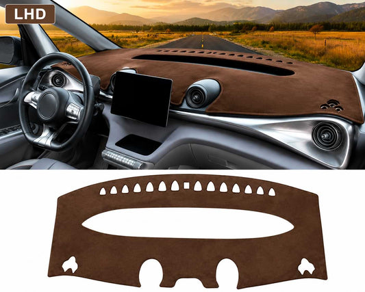 Black RHD dashboard cover installed in a BYD Dolphin interior with custom-fit anti-glare and anti-UV protection for 2021-2024 models.