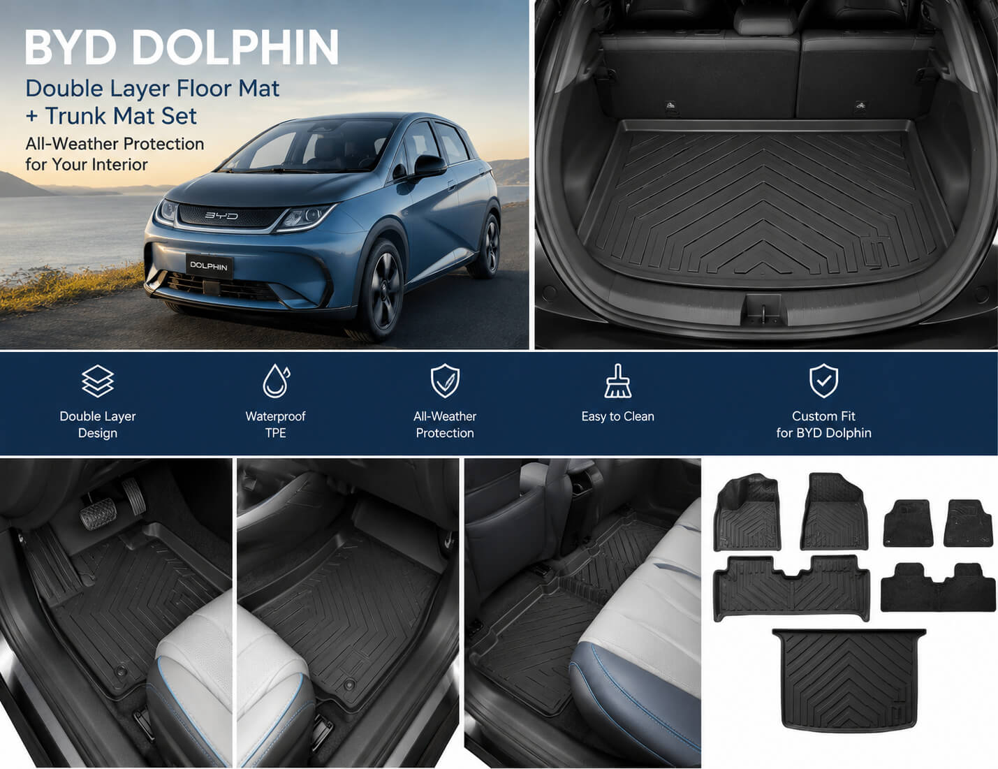 BYD Dolphin Double Layer Floor Mats – Waterproof TPE All-Weather Protection (2021–2025)