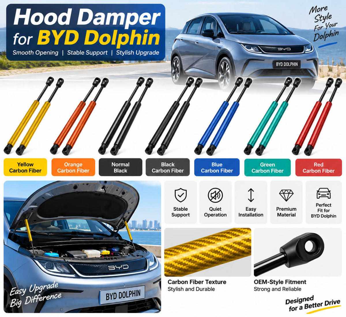 BYD Dolphin hood damper with yellow orange black blue green and red carbon fiber options