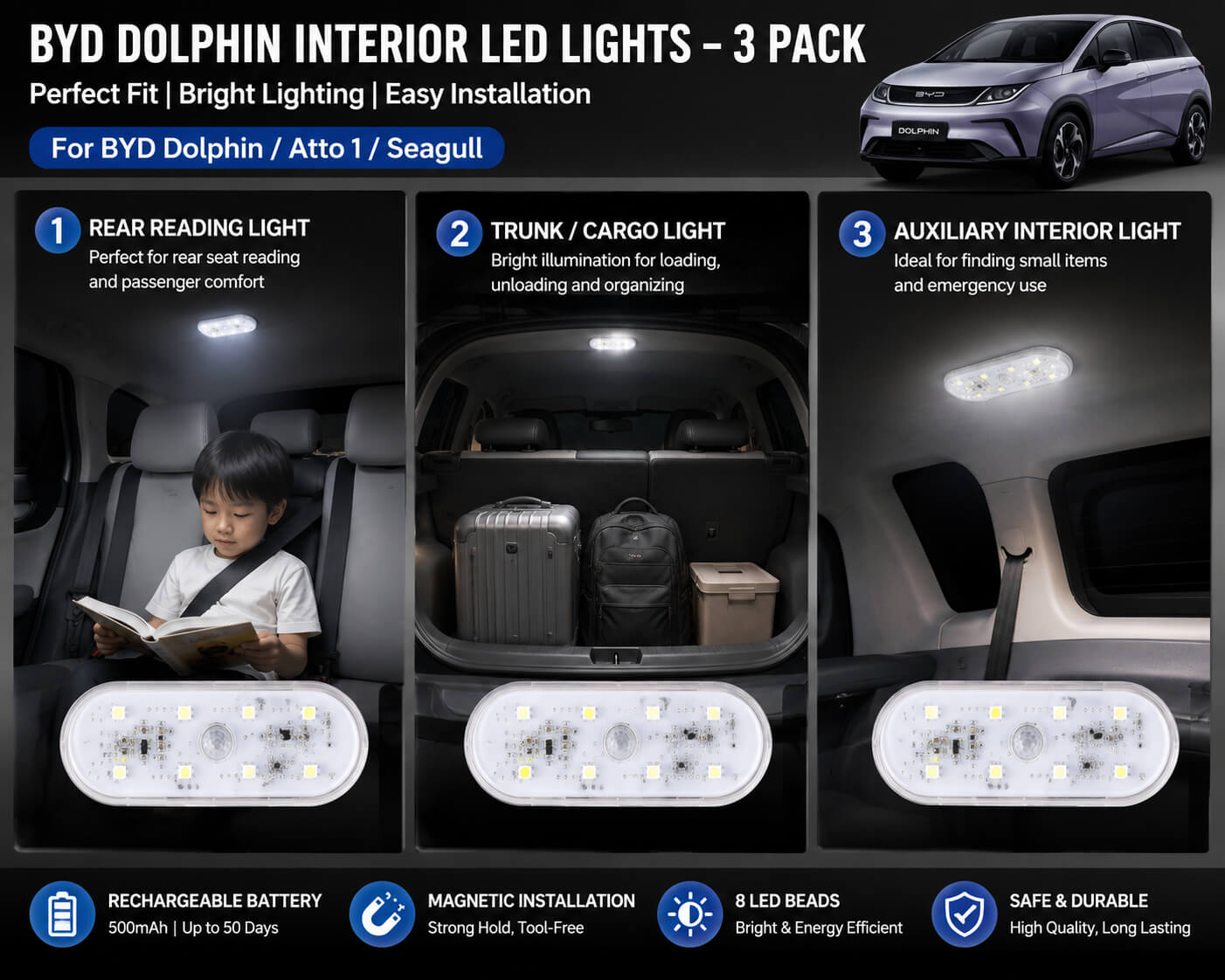 BYD Dolphin magnetic rechargeable LED interior lights showing rear reading, trunk cargo lighting, and cabin auxiliary lighting.