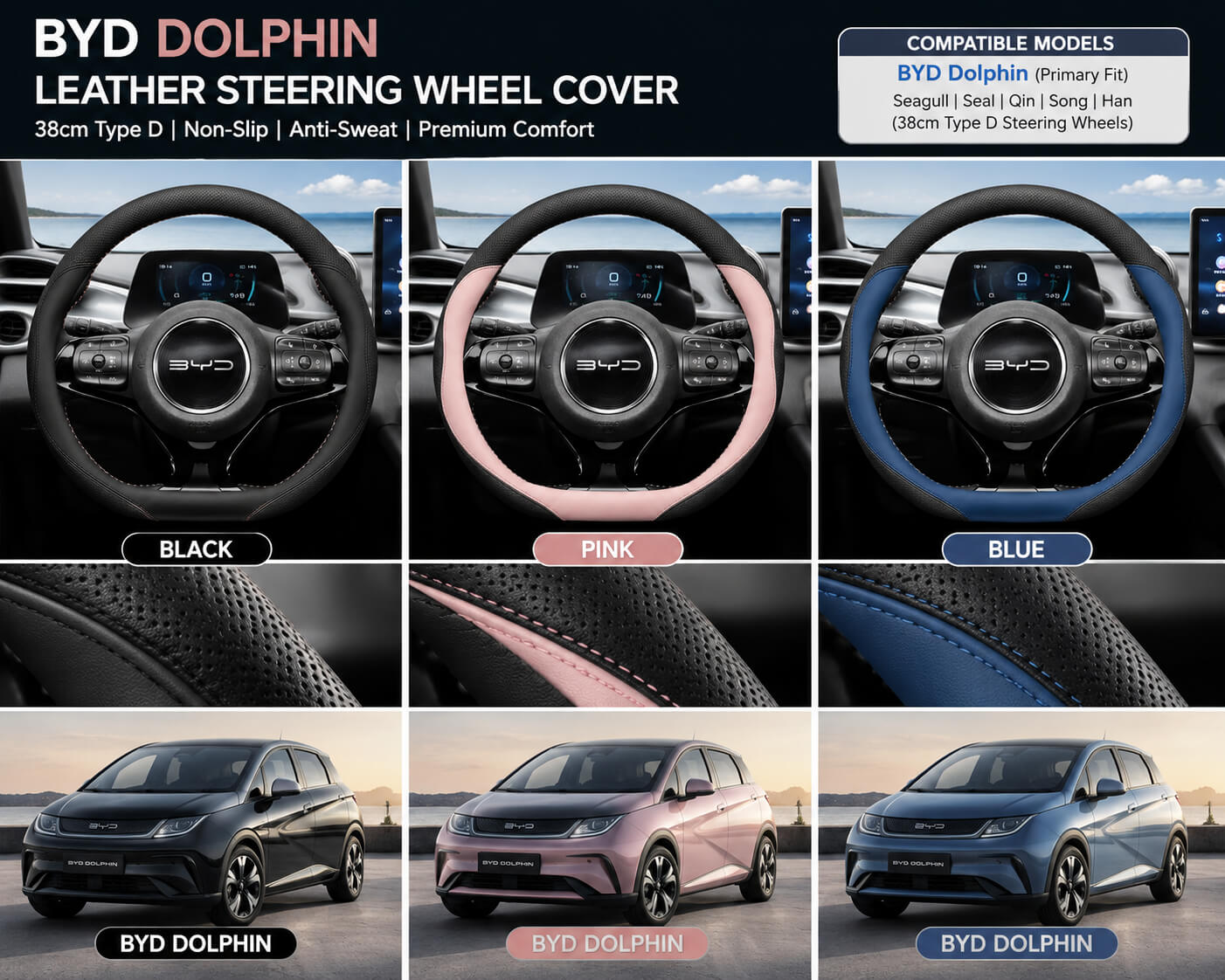 BYD Dolphin leather steering wheel covers in black, blue, and pink with compatible BYD vehicle models.