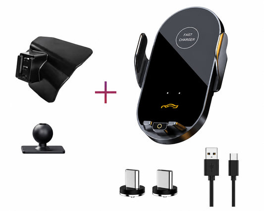 Magnetic wireless fast charging car phone holder for BYD Dolphin 2021-2025 with custom dashboard mount, Type-C cable, magnetic adapters, and metal ring.