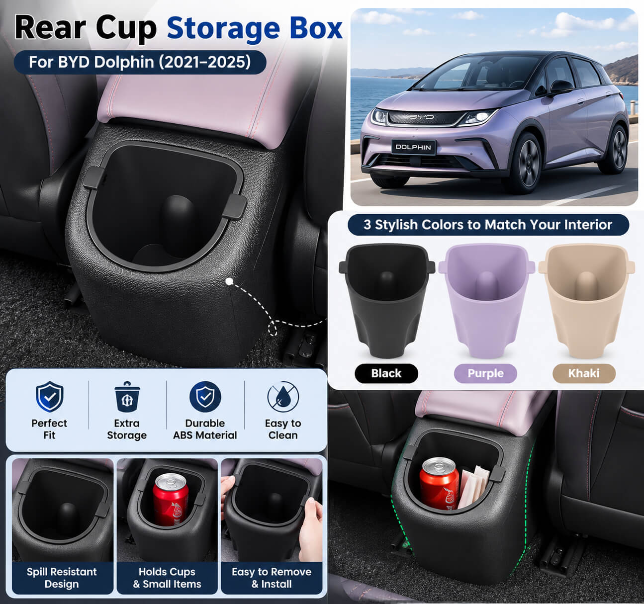 BYD Dolphin Front Cup Holder Storage Box with Drain Hole & Garbage Bin 2021-2025