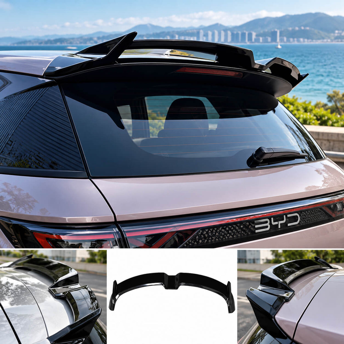 BYD Dolphin black carbon rear lip spoiler installed on rear roof