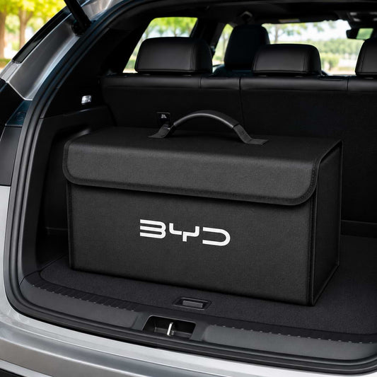 BYD foldable trunk storage organizer box placed inside a vehicle cargo area for organized storage and travel essentials