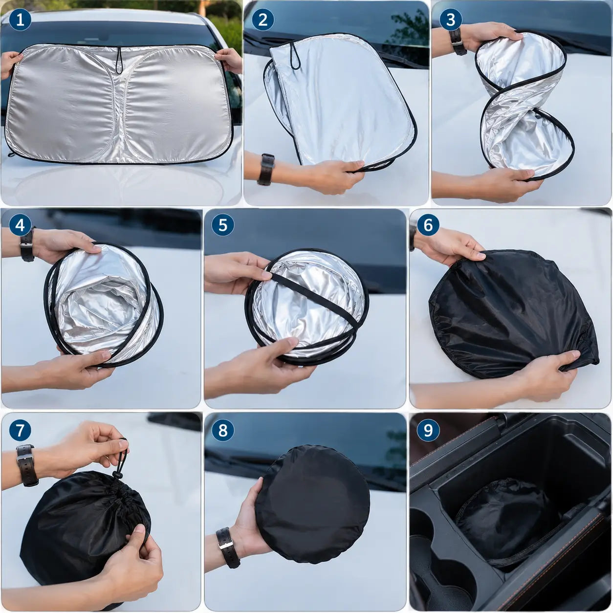 Driver folding and storing a BYD  shark 6 foldable windshield sunshade beside the vehicle for easy storage.