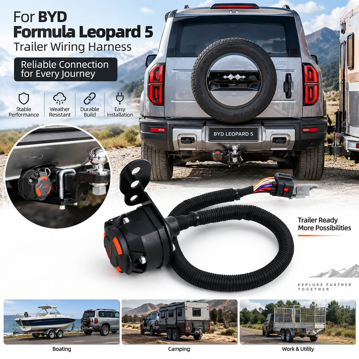 BYD Formula Leopard 5 trailer wiring harness installed at rear tow hitch