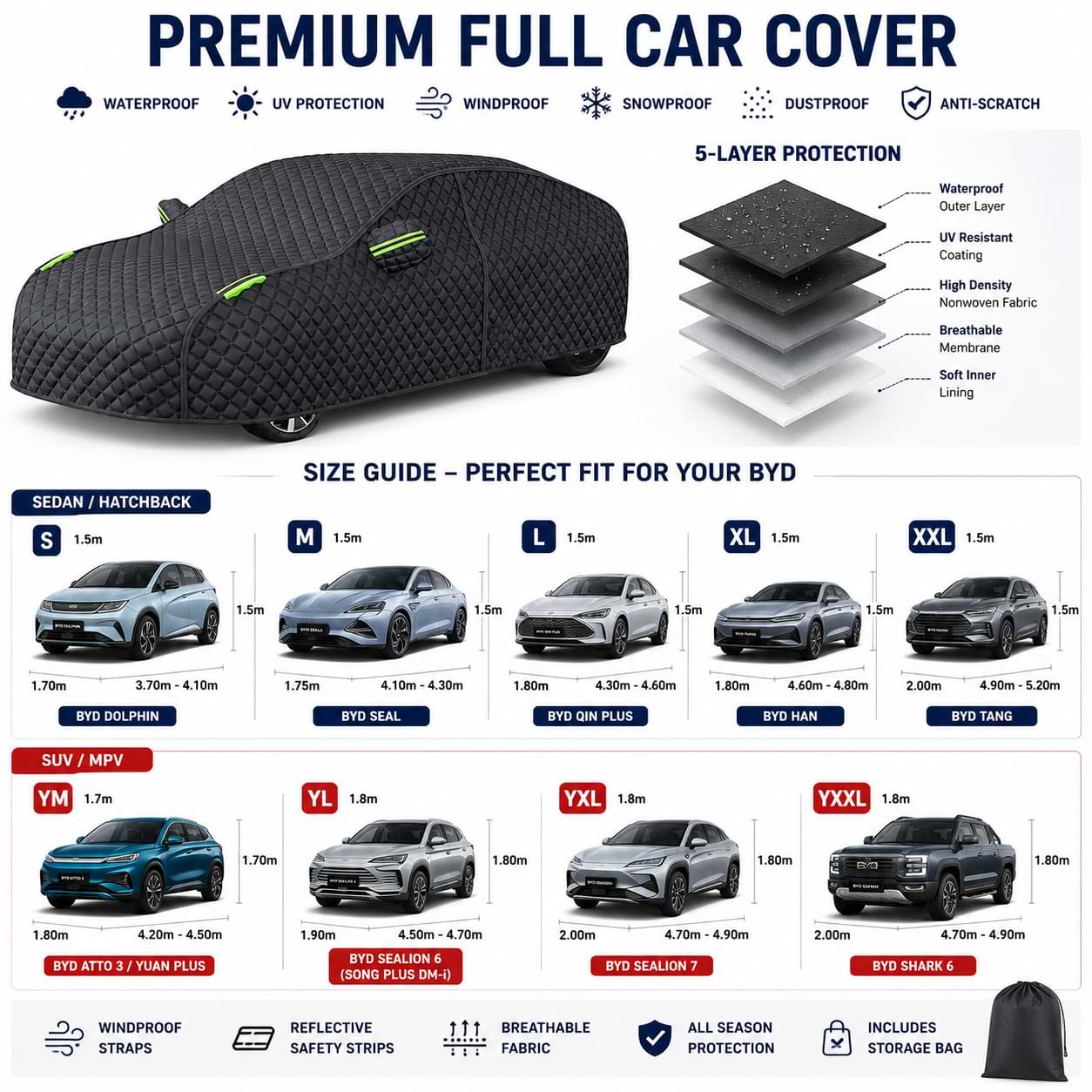 BYD Outdoor Waterproof Car Cover | Compatible with Dolphin, Atto 3, Seal, Sealion 6, Sealion 7 & Han