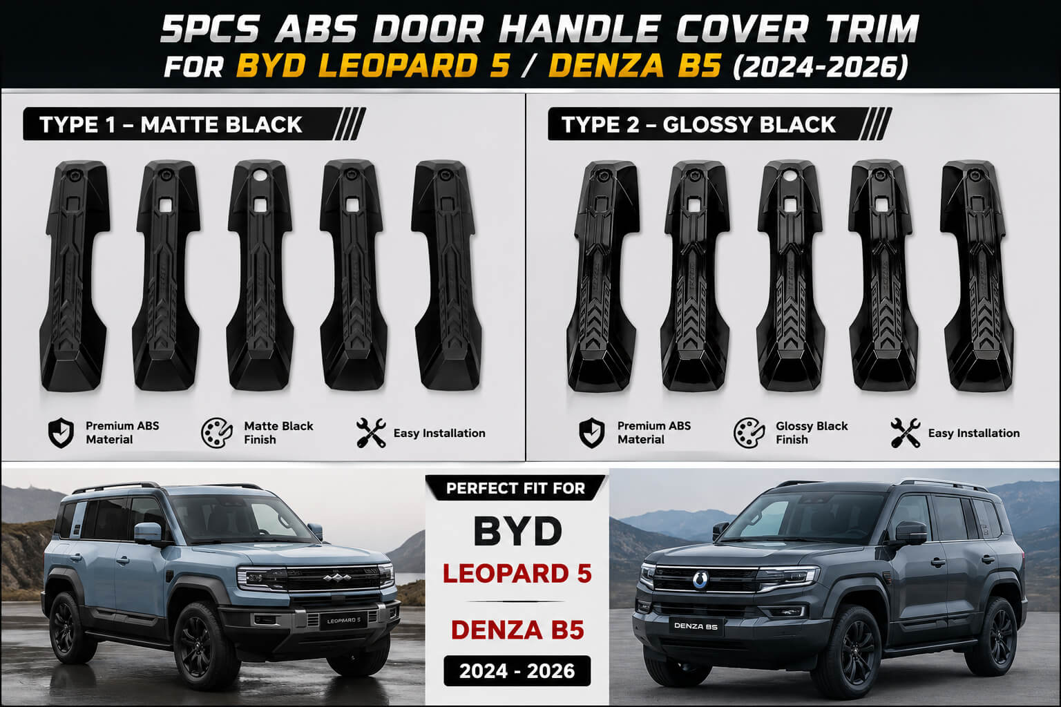 BYD Leopard 5 Denza B5 5PCS Matte Black and Glossy Black Door Handle Covers