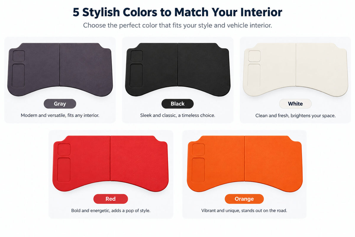 Five color options for BYD Leopard 5 and Leopard 8 folding car table in gray, black, white, red, and orange.