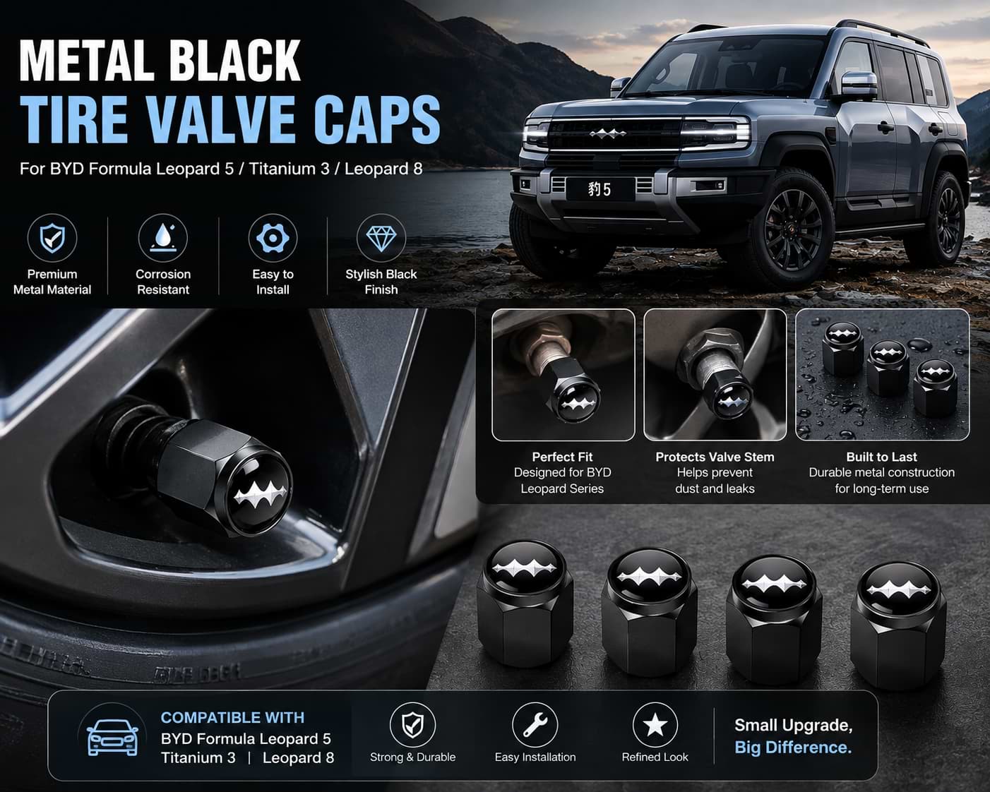BYD Leopard 5 Leopard 8 Metal Black Tire Valve Caps on Wheel