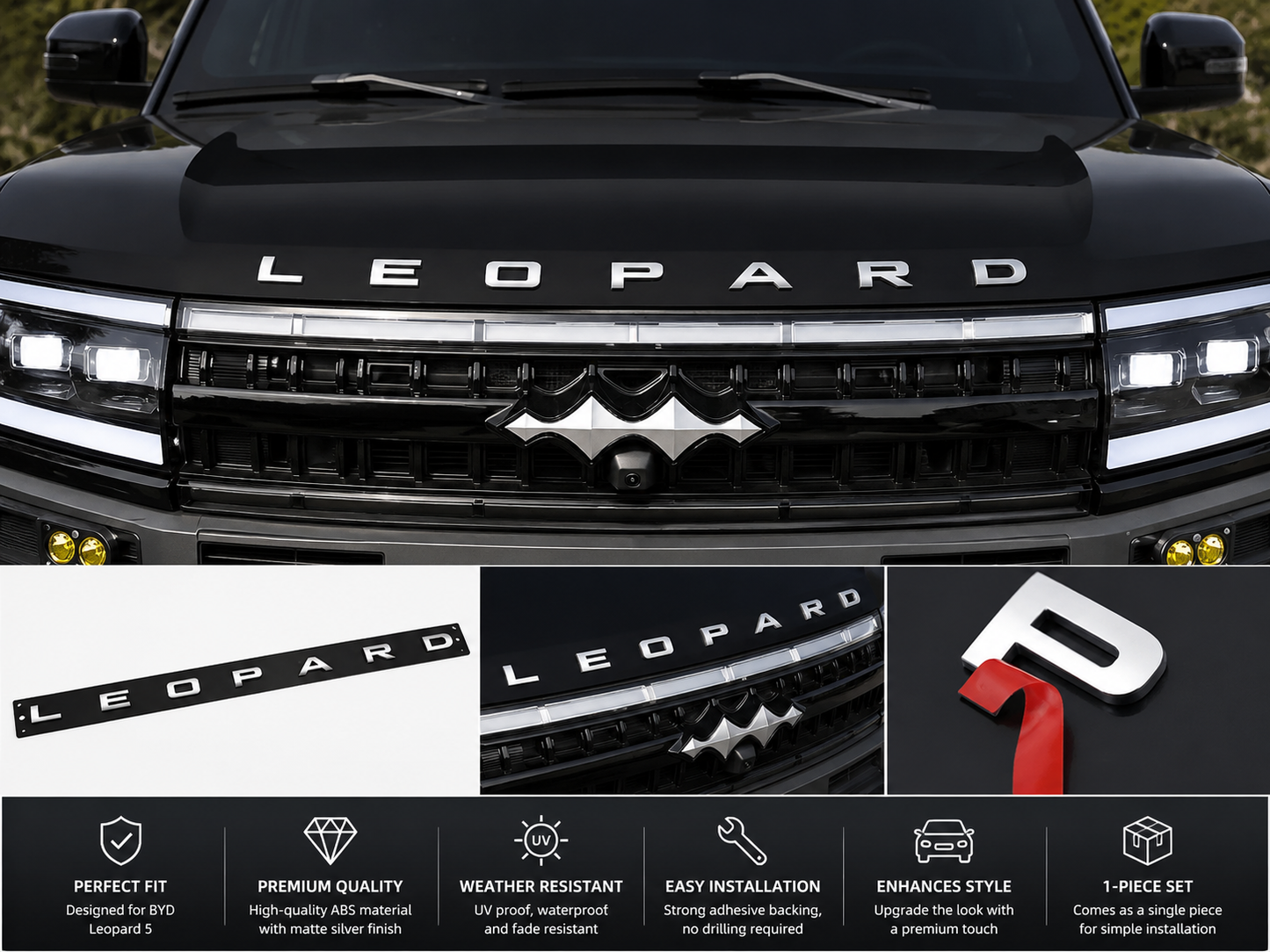 BYD Leopard 5 Matte Silver Auto Hood Lettering Stickers Front Bonnet Emblem Badge