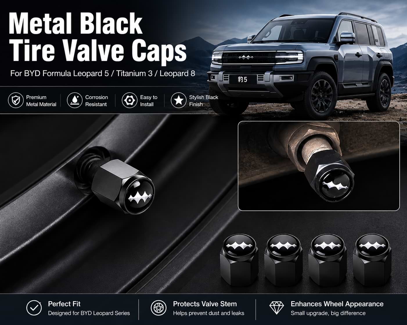 BYD Leopard 5 Metal Black Tire Valve Caps on Wheel