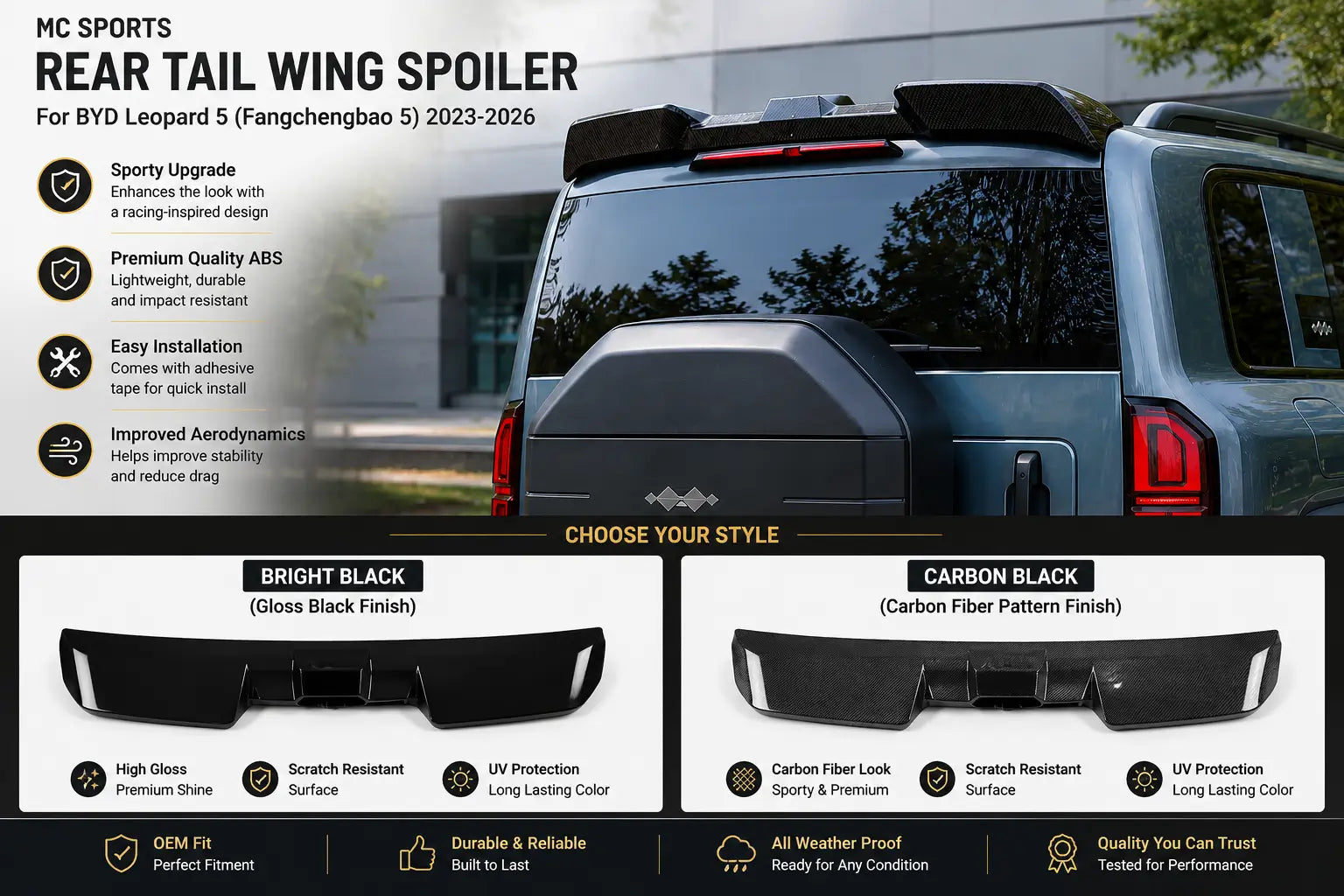 Comparison of Bright Black gloss and Carbon Black carbon fiber pattern rear tail wing spoilers for the BYD Leopard 5 (Fangchengbao 5) 2023–2026.