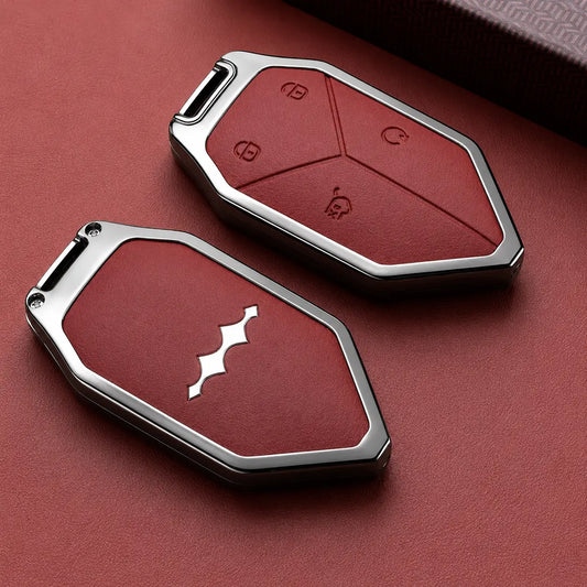 Front and back view of a red galvanized alloy smart key case for the BYD Leopard 5, Leopard 8, and Titanium 3 key fob.