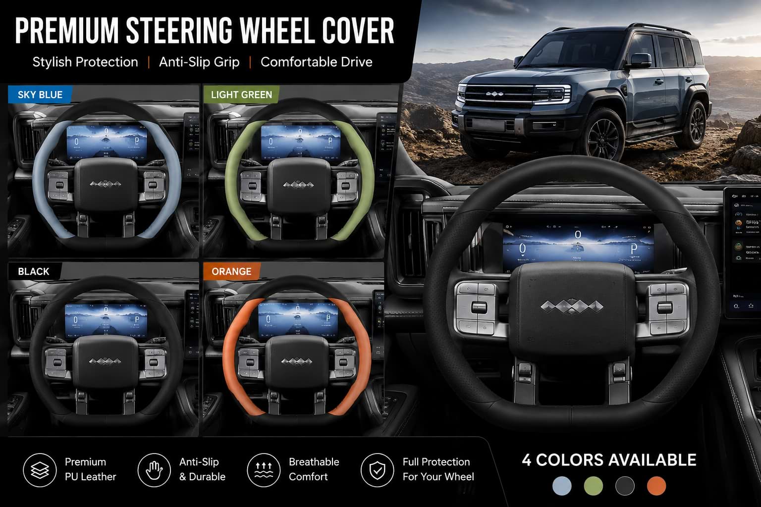 BYD Leopard 5 Steering Wheel Cover in Sky Blue Light Green Black and Orange