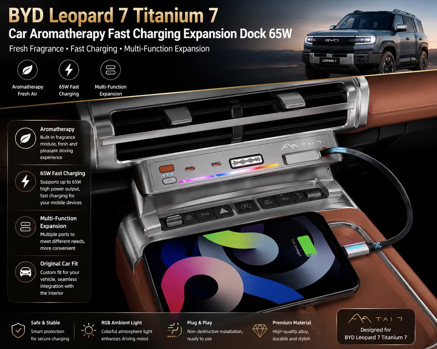 BYD Leopard 7 Titanium 7 car aromatherapy 65W fast charging expansion dock installed on dashboard