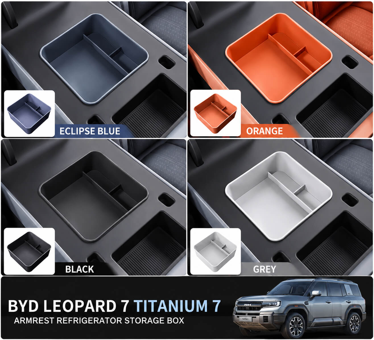 Practical armrest storage box installed in the BYD Leopard 7 Titanium 7 center console for organized interior storage.
