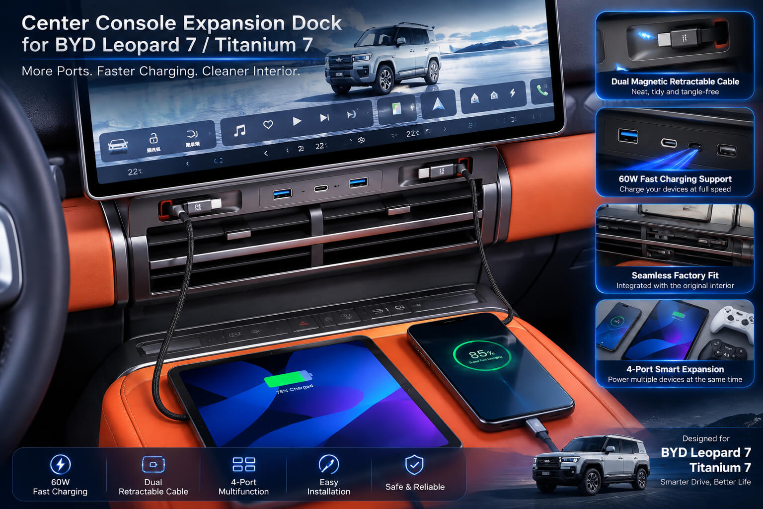 BYD Leopard 7 Titanium 7 center console expansion dock with 60W fast charging installed below navigation screen