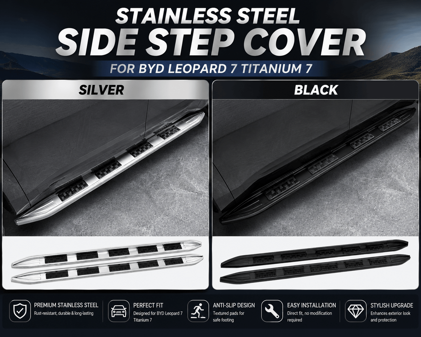 BYD Leopard 7 Titanium 7 Stainless Steel Side Step Cover Black and Silver