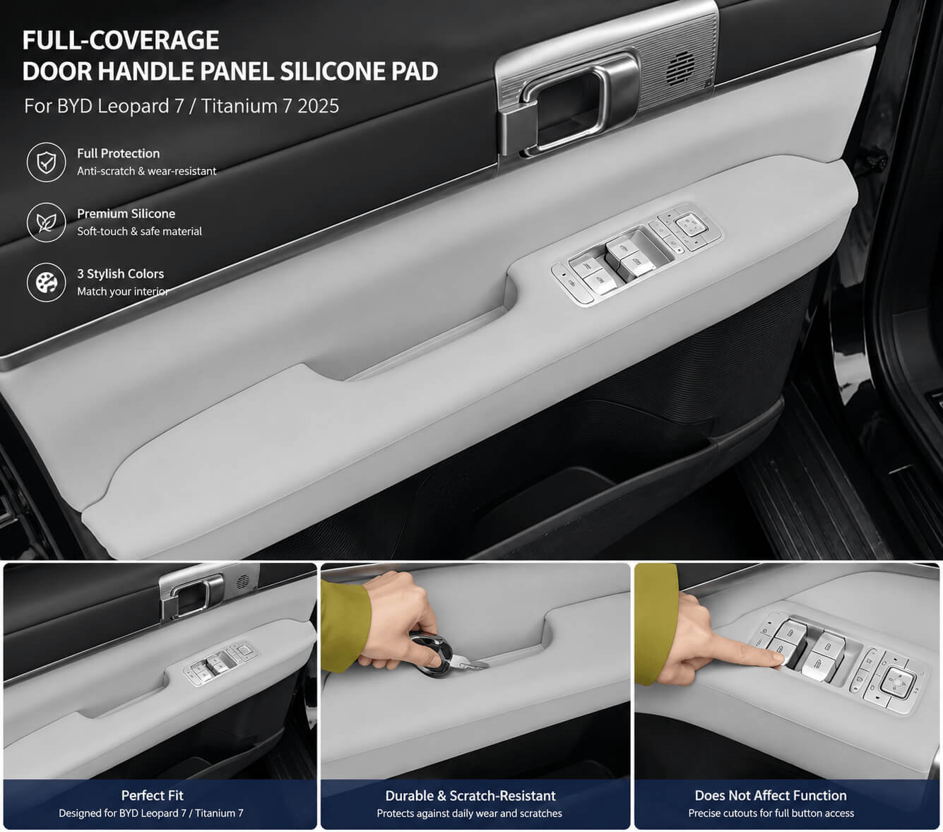 BYD Leopard 7 Titanium 7 2025 Snow Gray door handle panel silicone protective pad installed