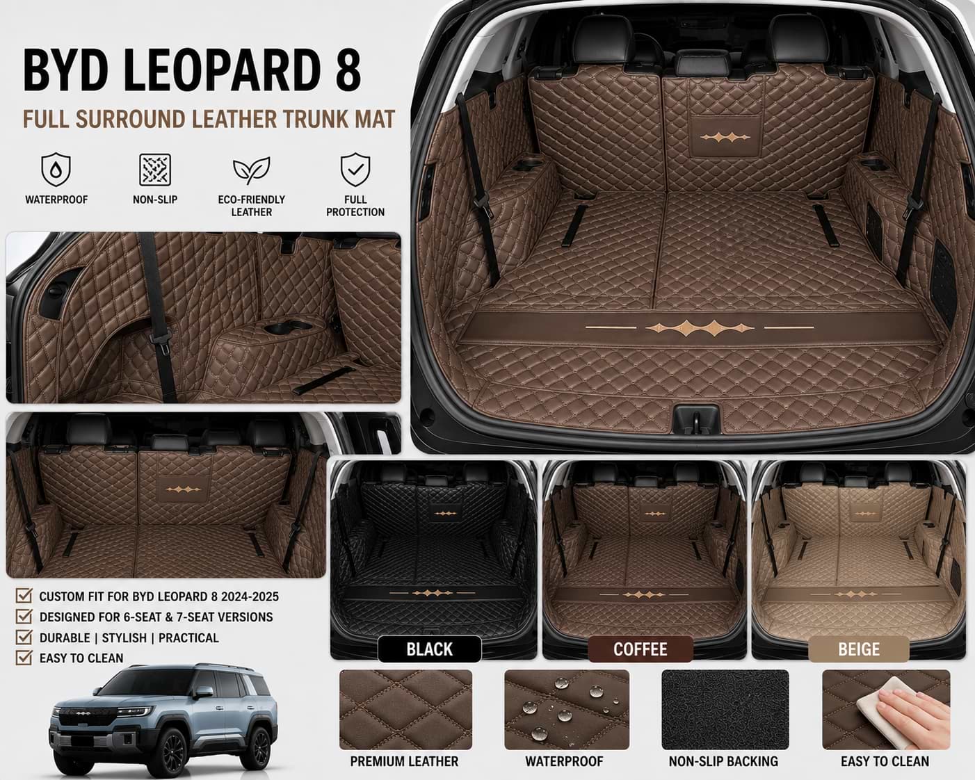 BYD Leopard 8 2024 2025 Leather Trunk Mat in Black Coffee and Beige