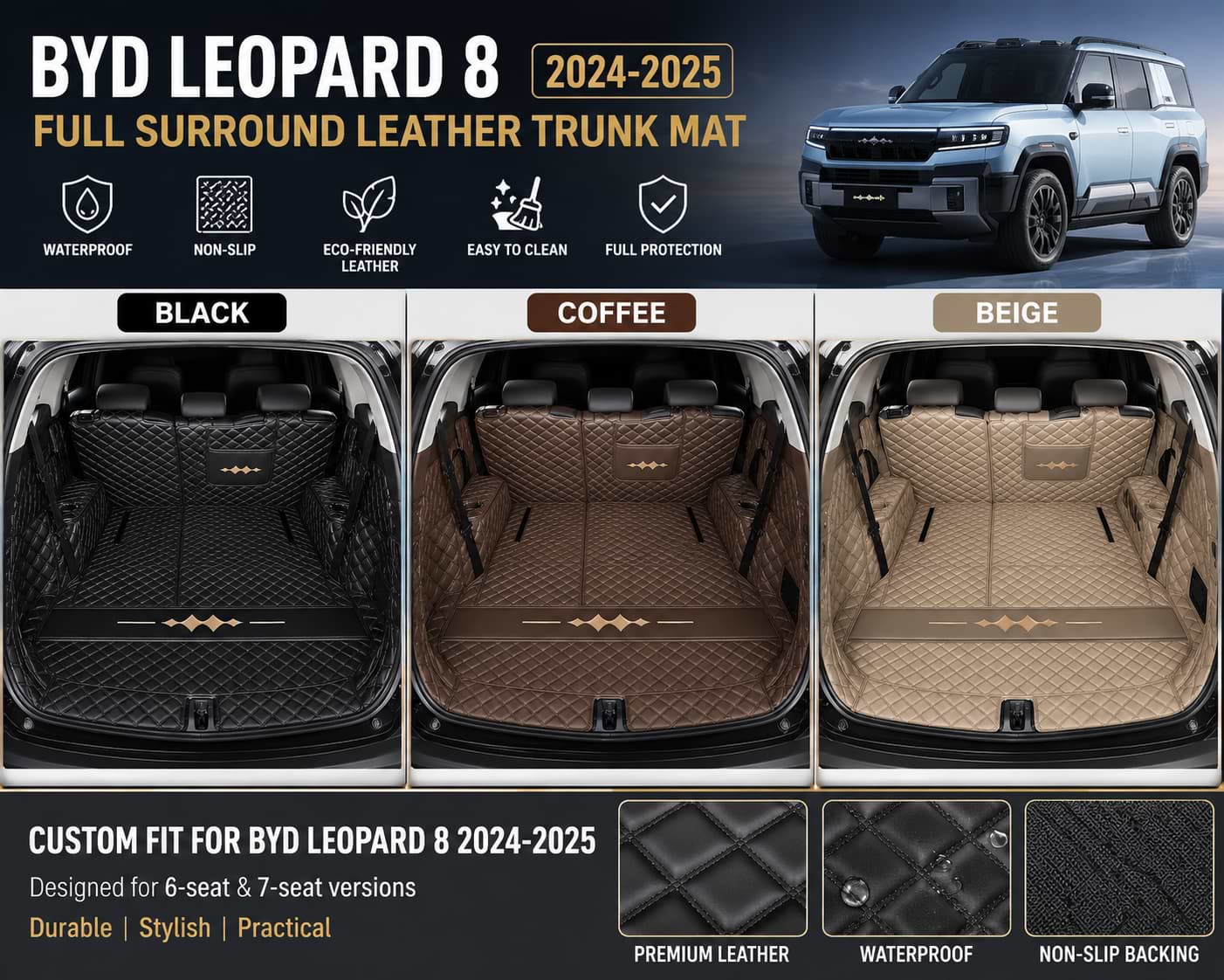 BYD Leopard 8 2024 2025 Leather Trunk Mats in Black Coffee and Beige