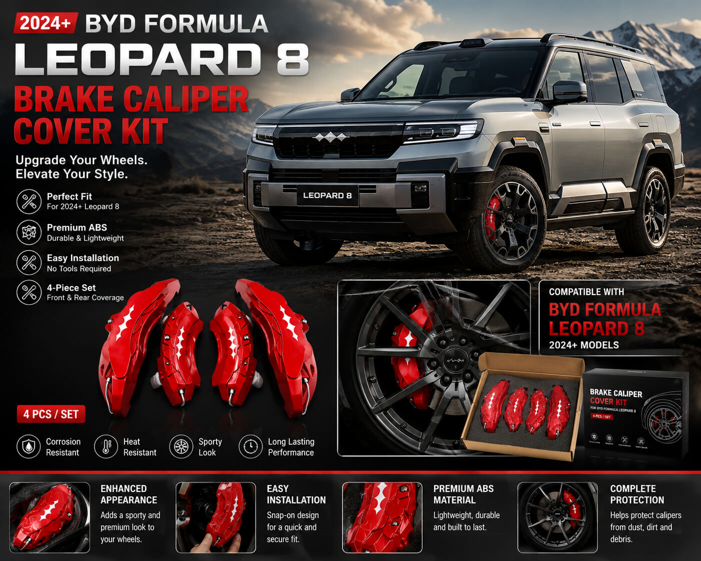 BYD Leopard 8 Red Brake Caliper Cover Kit on Vehicle