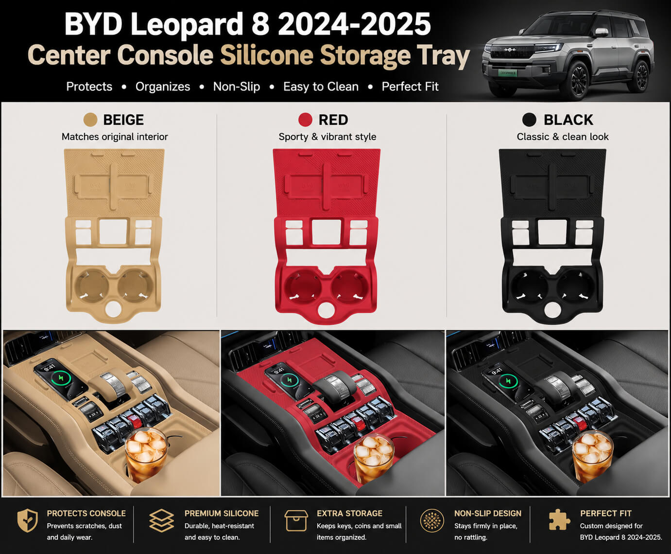 BYD Leopard 8 2024 2025 Center Console Silicone Storage Tray in Beige Red and Black