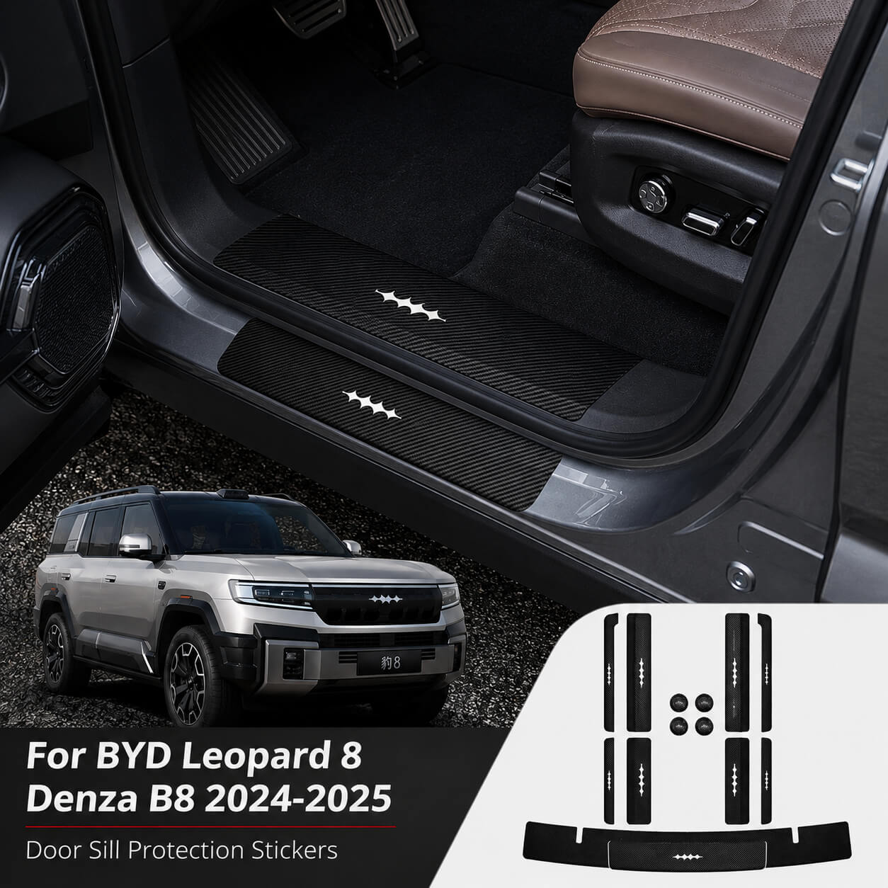 BYD Leopard 8 Denza B8 Carbon Fiber Door Sill Protection Stickers Installed