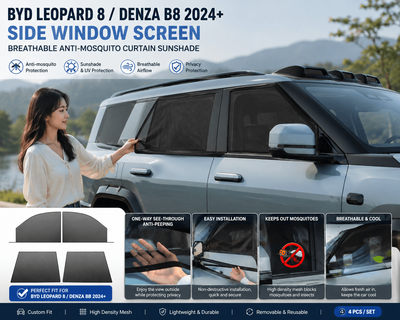 Breathable anti-mosquito side window screen sunshade for BYD Leopard 8 and Denza B8 2024+.