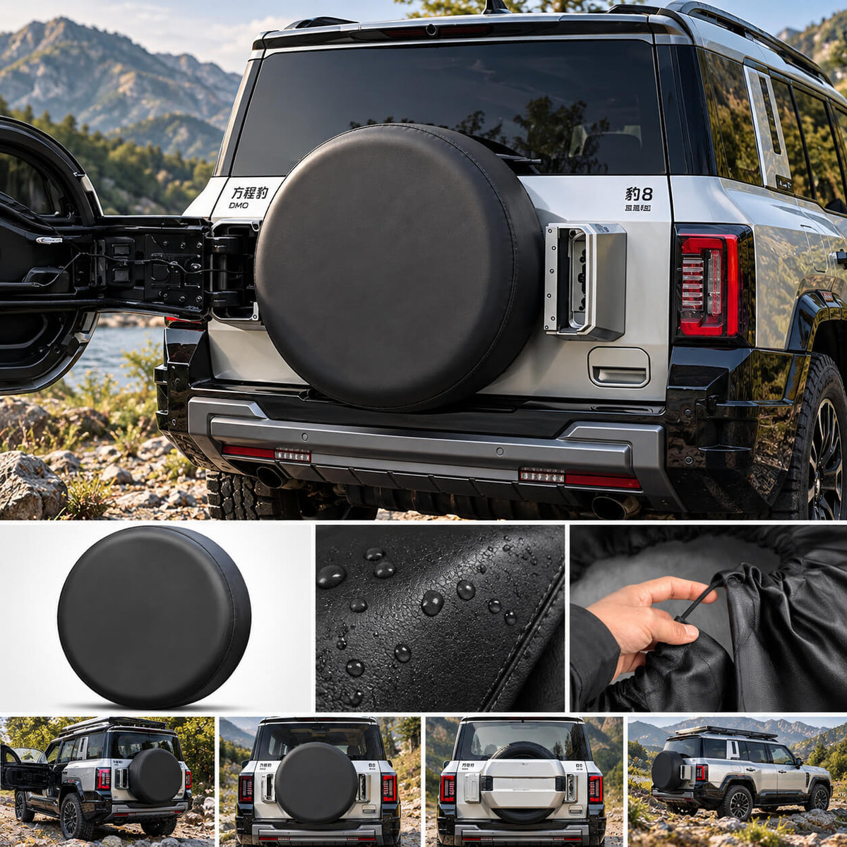BYD Leopard 8 leather spare tire cover installed on rear tailgate