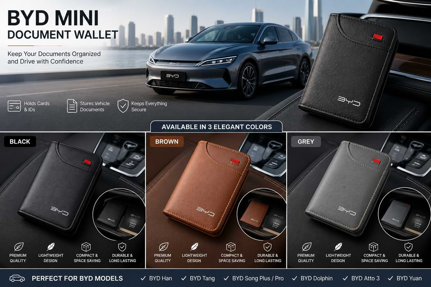 BYD Mini Car Document Wallet – Black, Brown & Grey Color Options