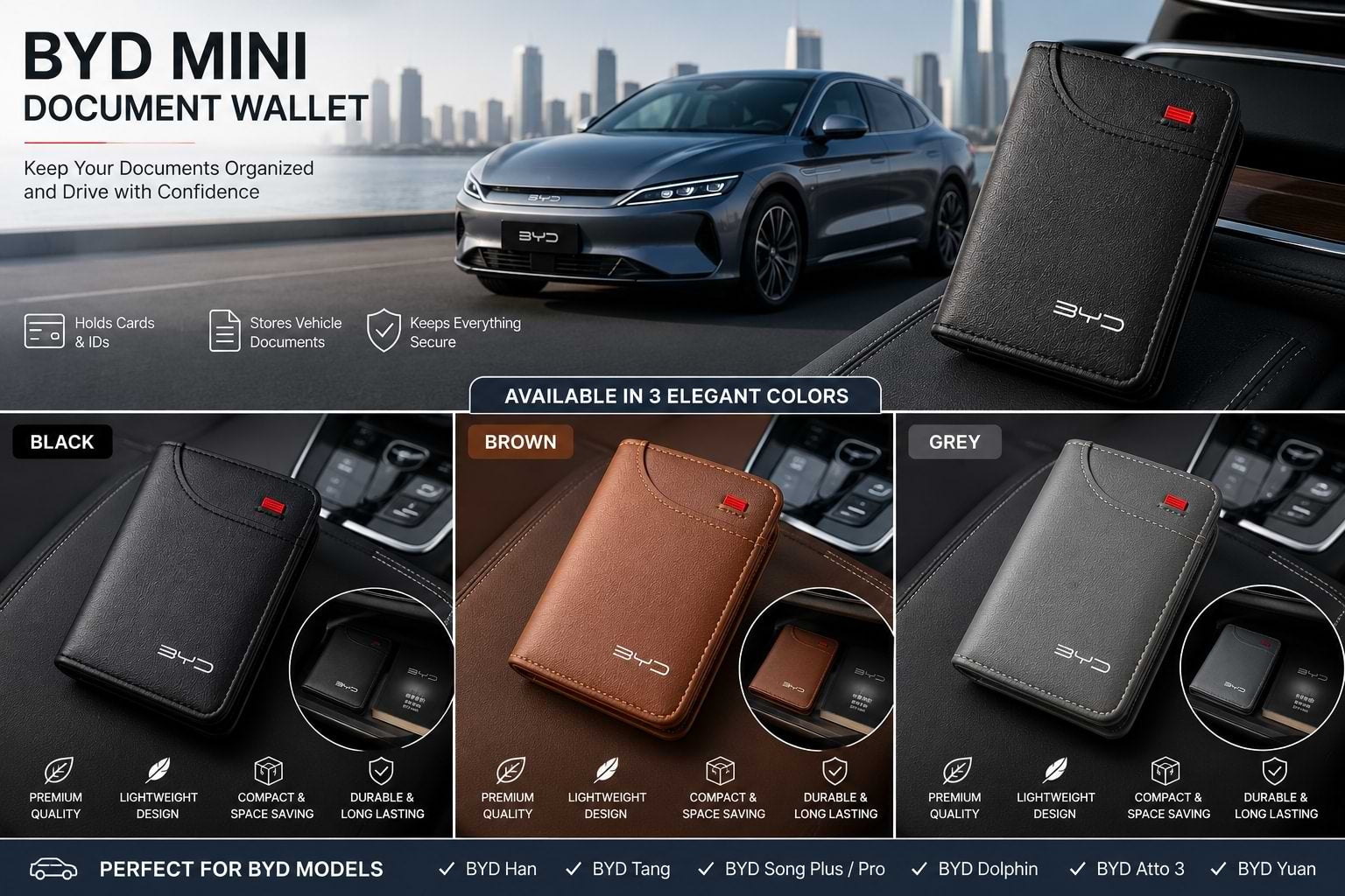 BYD Mini Car Document Wallet – Black, Brown & Grey Color Options