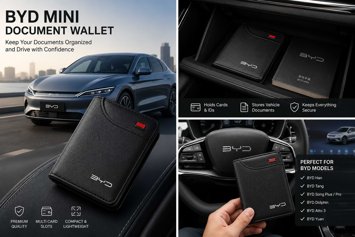 Collage showing BYD Mini Car Document Wallet in black, brown, and grey leather inside a BYD vehicle, highlighting premium storage for vehicle documents and cards.