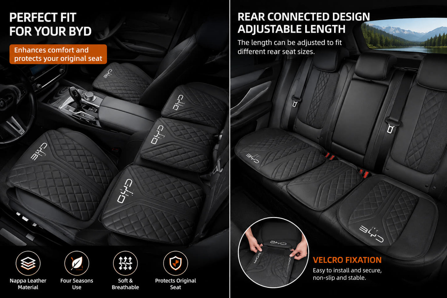 BYD Nappa Leather Seat Cushion Cover installed on front and rear seats
