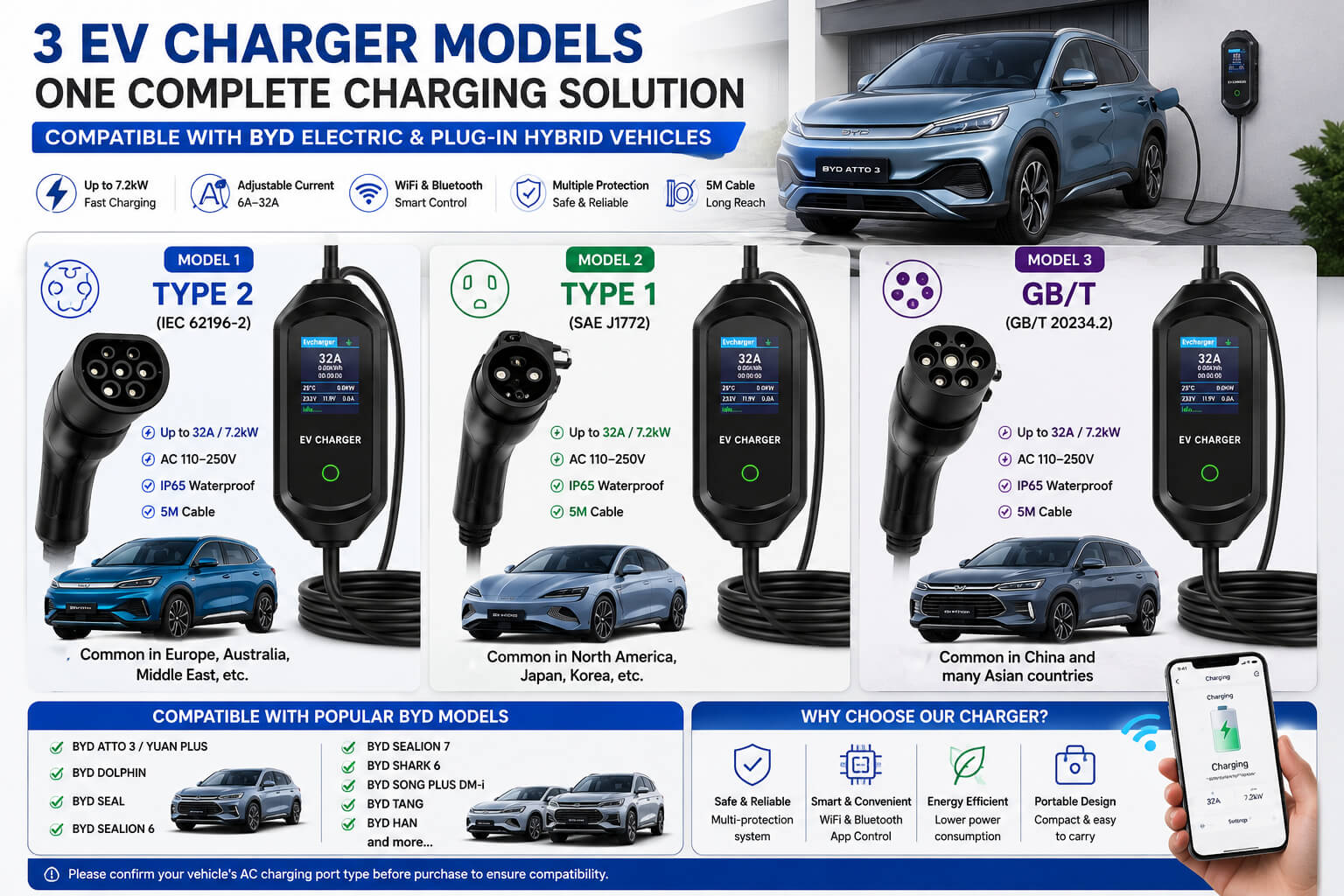 BYD portable EV charger in home charging scenarios with Type 2, Type 1 and GB/T connector compatibility guide