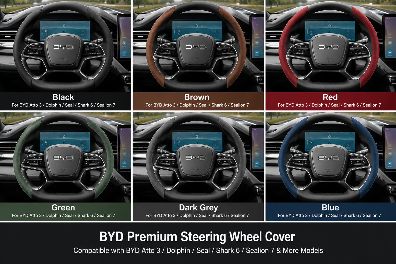BYD Premium Segmented Suede Steering Wheel Cover 6 Color Options for Atto 3 Dolphin Seal Shark 6 Sealion 7