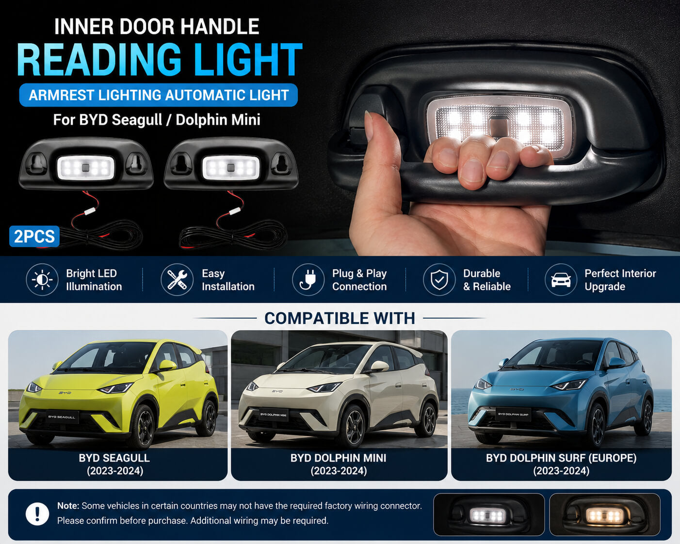 BYD Seagull, Dolphin Mini and Dolphin Surf Inner Door Handle LED Reading Light Compatibility Guide