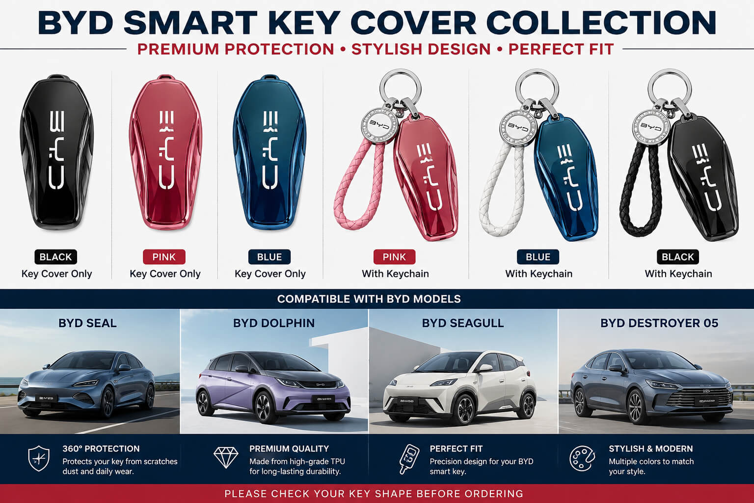 BYD smart key cover collection for Seal, Dolphin, Seagull and Destroyer 05 in black, blue and pink