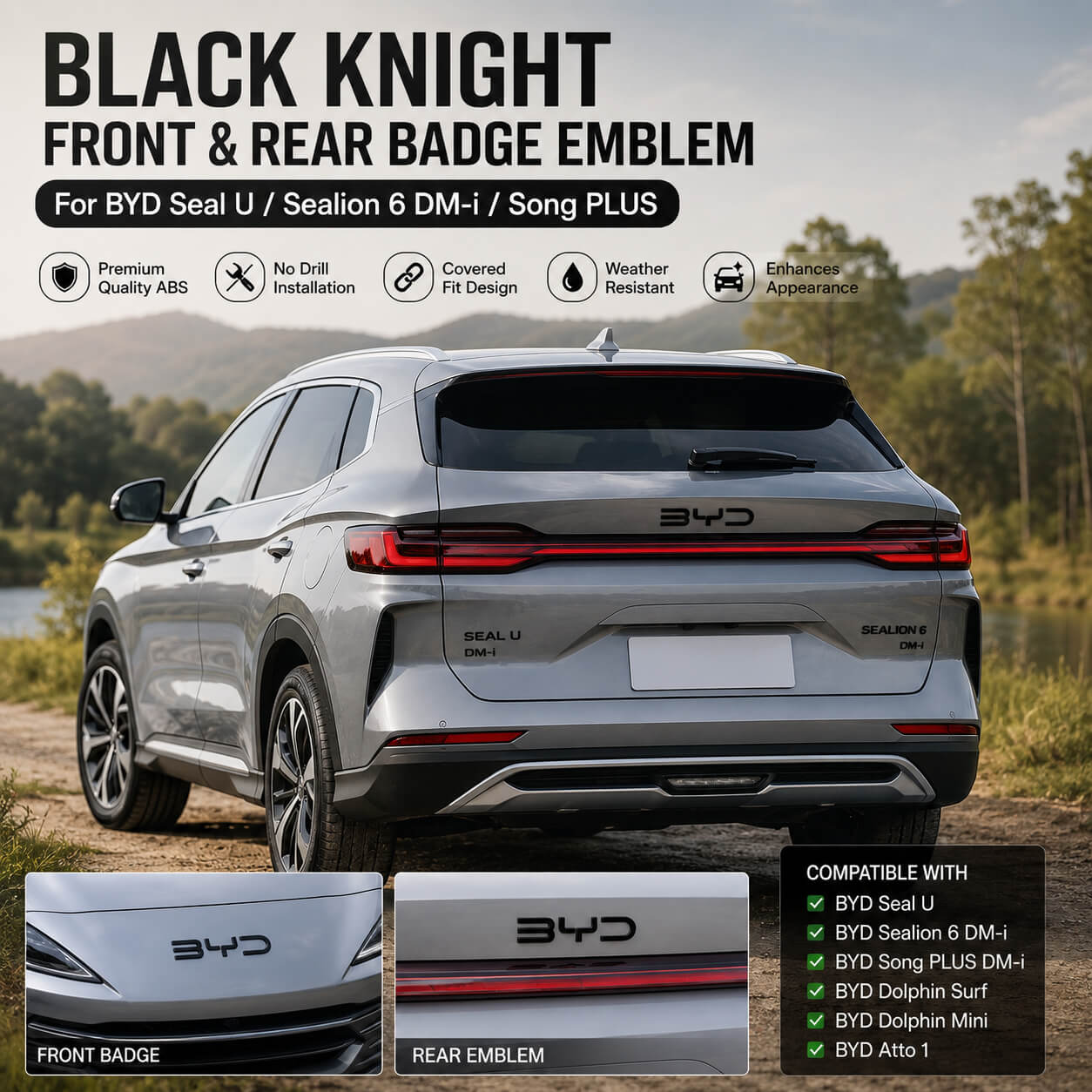 BYD Seal U Sealion 6 DM-i with gloss black front and rear BYD badge emblem covers installed, showcasing the Black Knight exterior styling upgrade.