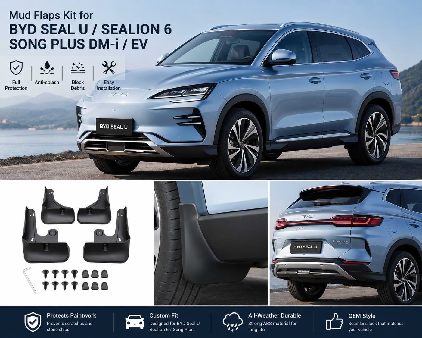 BYD Seal U Sealion 6 Song Plus DM-i EV Mud Flaps Front Rear Splash Guards Fender Protection Kit (4PCS)