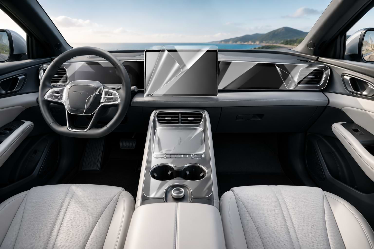 BYD SEALION 06 EV 2025 interior with transparent TPU protective film applied to dashboard, instrument panel, touchscreen, steering wheel, and center console.