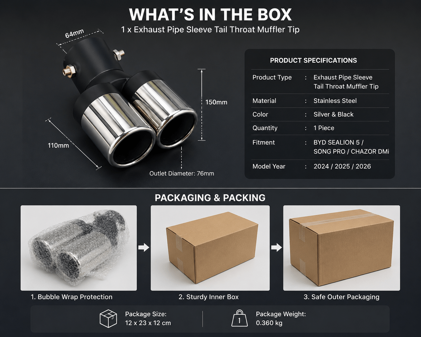 BYD Sealion 5 Song Pro Chazor DM-i exhaust tip packaging and packing
