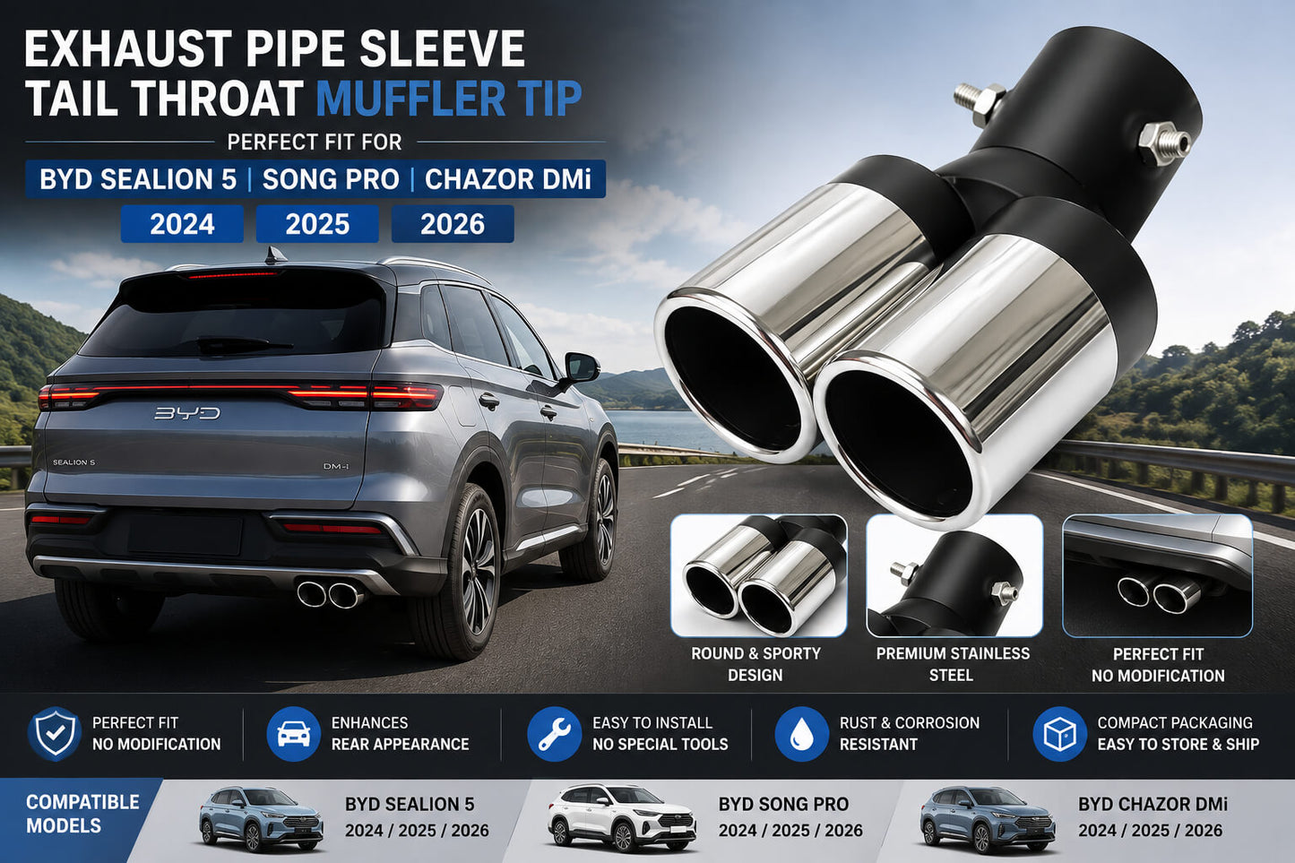 BYD Sealion 5 Song Pro Chazor DM-i round dual exhaust tip 2024-2026