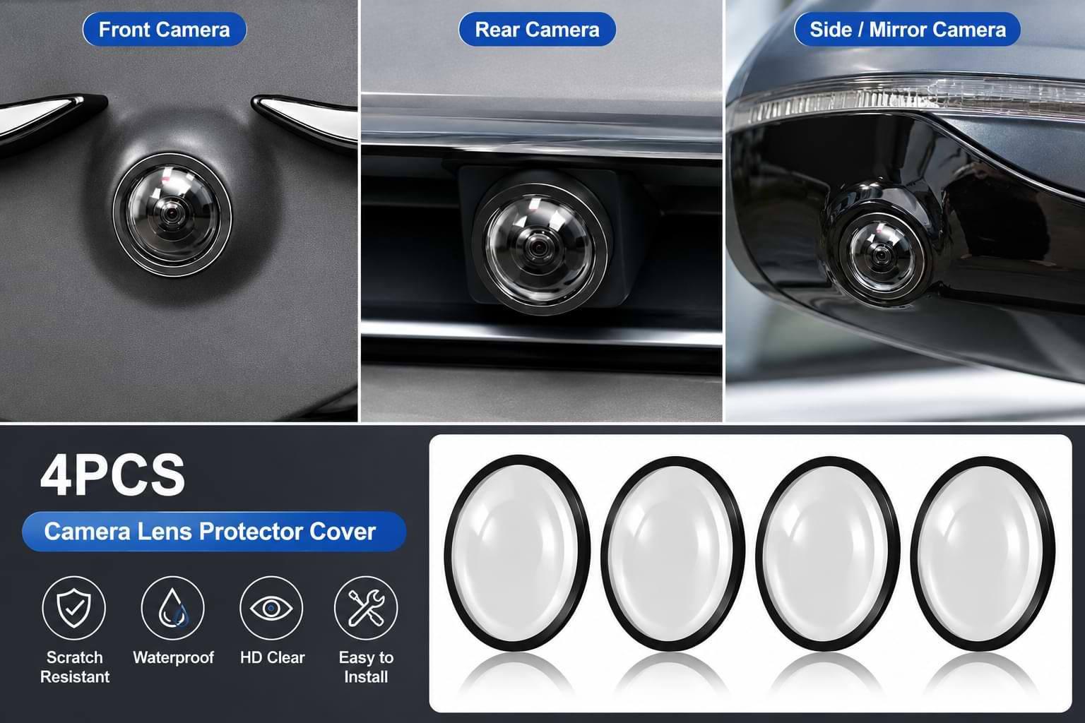 3-in-1 camera lens protector collage showing front camera, rear camera, and side mirror camera protection for BYD Sealion 6, Sealion 7, and Seal U.