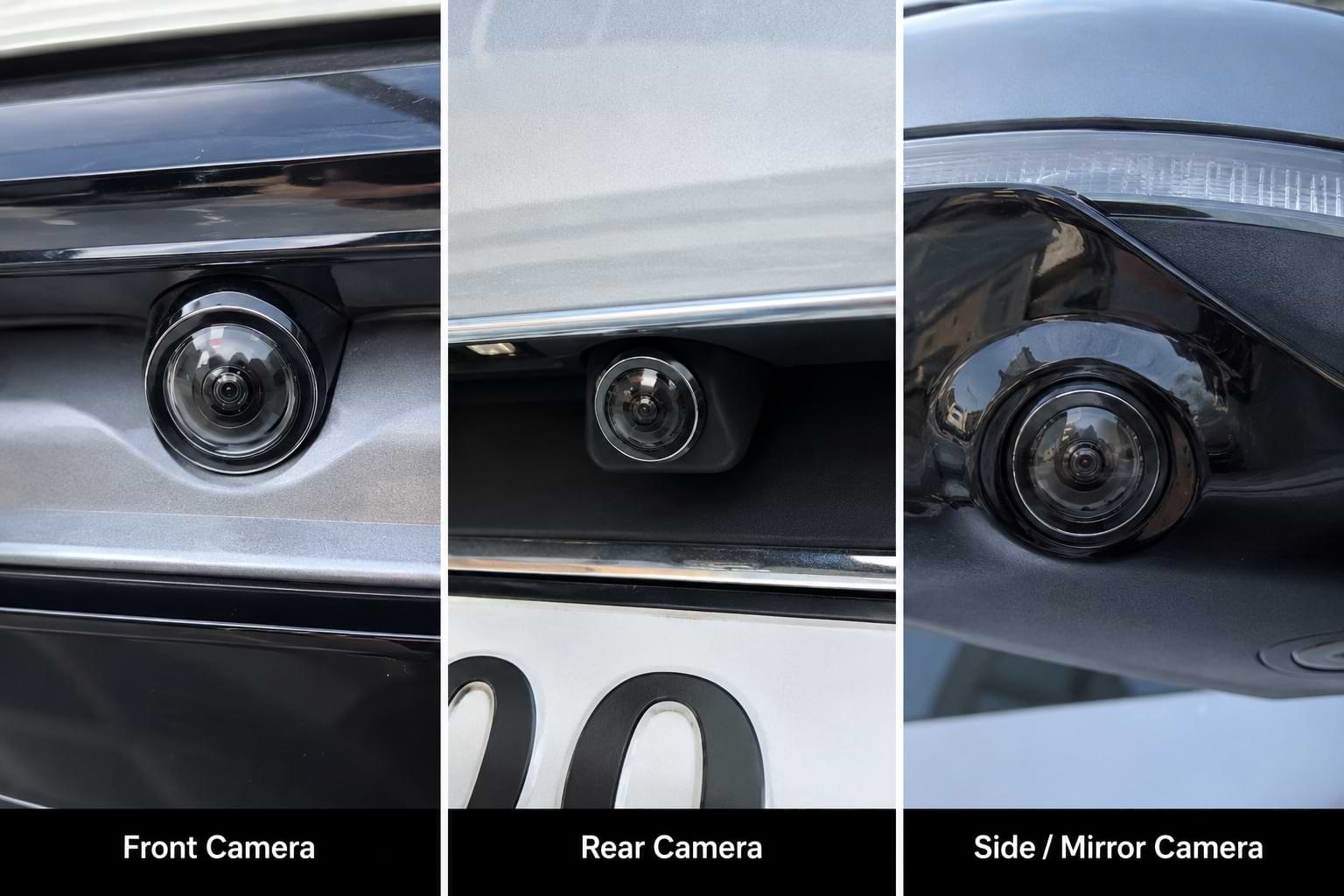 Real-life collage showing front camera, rear camera, and side mirror camera locations on a BYD vehicle equipped with camera lens protection.