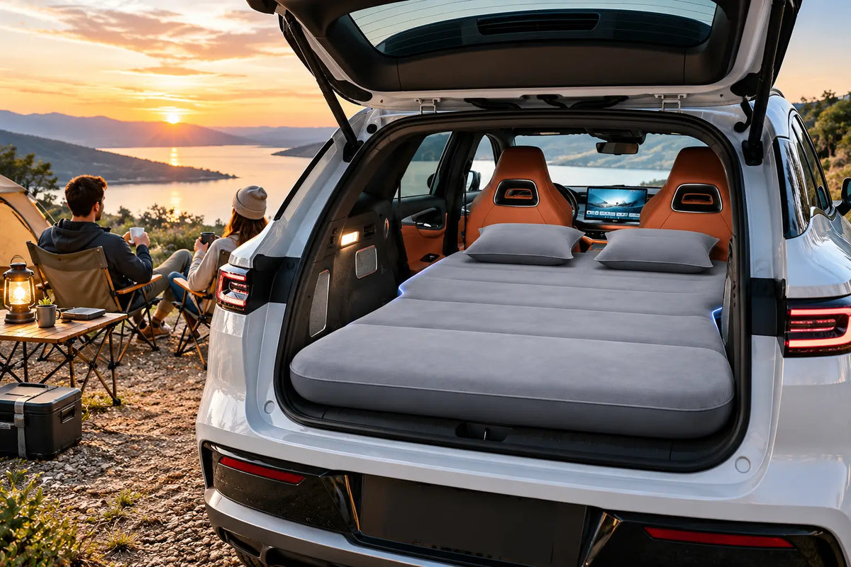 BYD Sealion 7 inflatable travel bed installed for outdoor camping beside a scenic lake