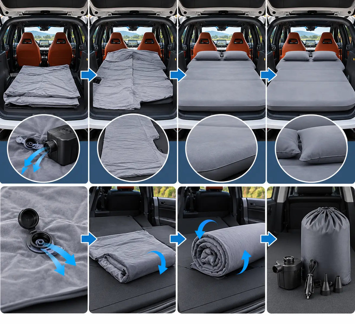 BYD Sealion 7 inflatable travel bed showing inflation, folding, deflation and storage steps