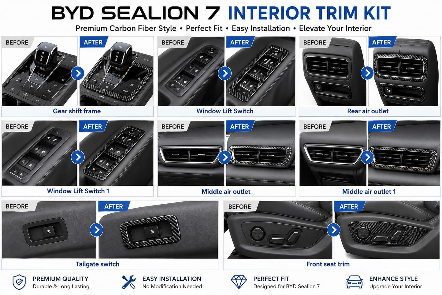 BYD Sealion 7 Interior Trim Kit Before and After Comparison Carbon Fiber Style Accessories